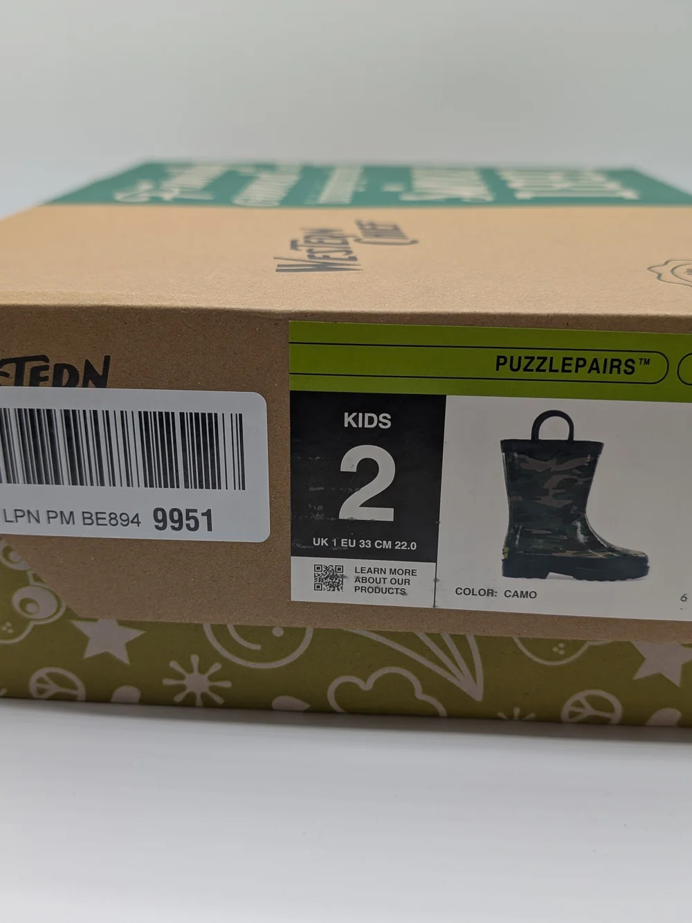 Western Chief Little Kids' 2 Green Camo Rain Waterproof Boots Pull On Handles